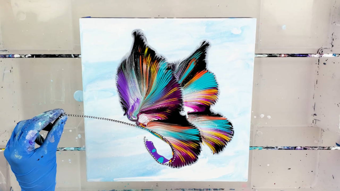 Stunning Chain Pull Technique Butterfly Acrylic Pouring - String Pulling Abstract Art - Multicolor Fluid Art
